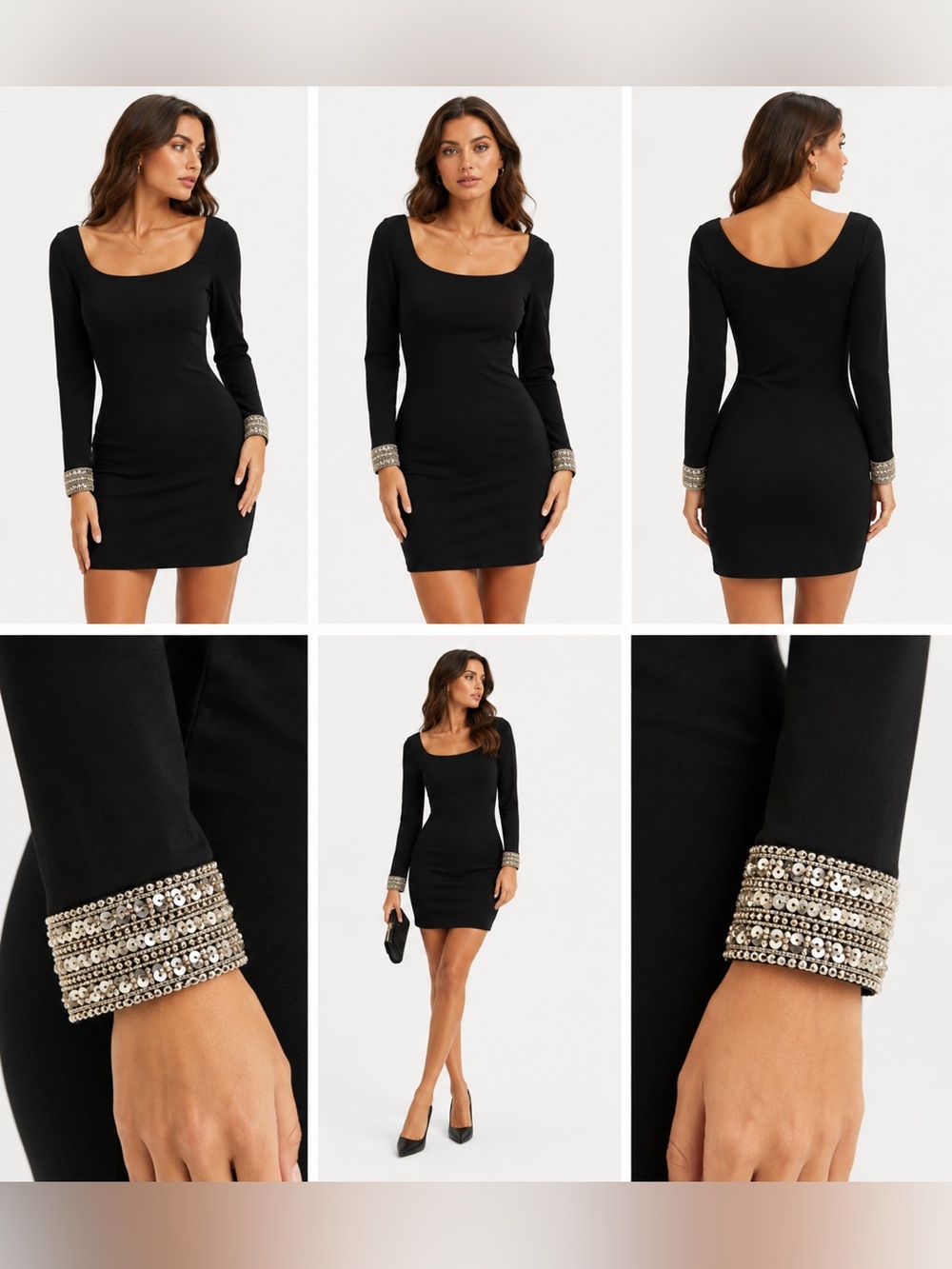Black Long Sleeve Sheath Dress with Embroidered Cuffs